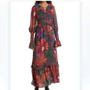 Farm Rio Bird Flowers Long Sleeve Tiered Maxi Dress